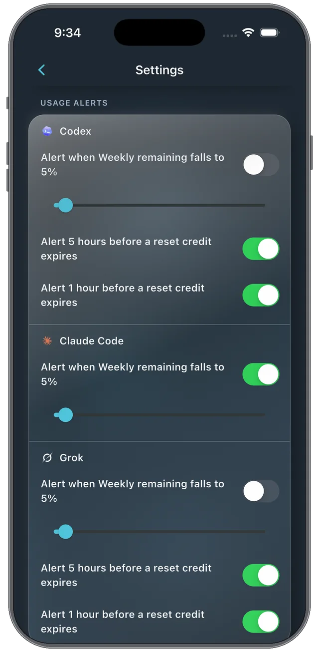Usage alerts settings with per-provider toggles for remaining thresholds and reset reminders.