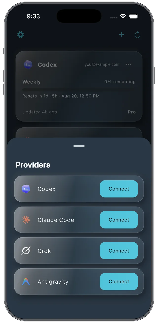 Providers sheet listing Codex, Claude Code, Grok, and Antigravity with a Connect button beside each.